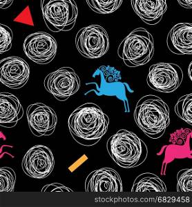Vector design for fabric, textile, cards, web. Pattern with hand drawn lines, geometric and silhouettes of horses. Fashion style. Vector design for fabric, textile, cards, web. Pattern with hand drawn lines, geometric and silhouettes of horses