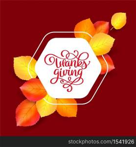 Vector design frame with calligraphy text Thanksgiving and multicolor leaves. Hand drawn isolated illustration for greeting card. Perfect for holiday Thanksgiving Day.. Vector design frame with calligraphy text Thanksgiving and multicolor leaves. Hand drawn isolated illustration for greeting card. Perfect for holiday Thanksgiving Day