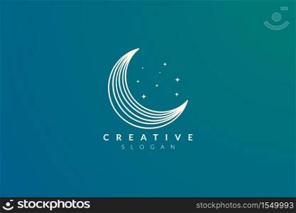 Vector design of a crescent moon with bright golden minimalist and modern stars.