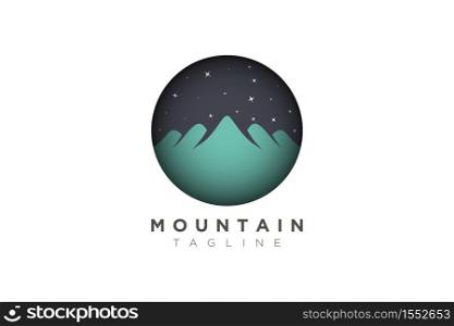 vector design of a mountain at night with stars. Minimalistic and simple in a circle