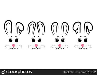 Vector design of collection of cartoon rabbit masks with gray and pink ears on white isolated background. Set of happy bunny masks. Vector illustration 