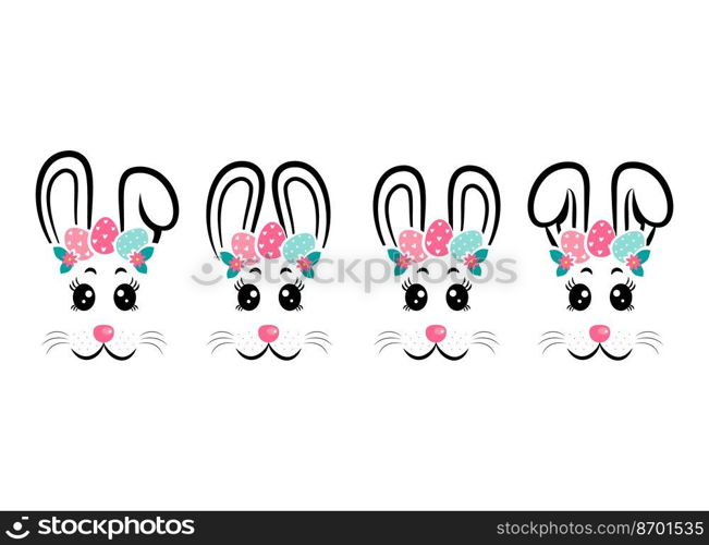 Vector design of collection of cartoon rabbit masks with gray and pink ears on white isolated background. Set of happy bunny masks