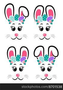 Vector design of collection of cartoon rabbit masks with gray and pink ears on white isolated background. Set of happy bunny masks