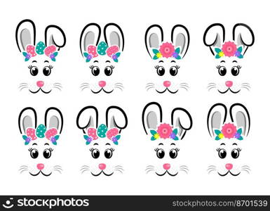 Vector design of collection of cartoon rabbit masks with gray and pink ears on white isolated background. Set of happy bunny masks