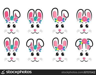 Vector design of collection of cartoon rabbit masks with gray and pink ears on white isolated background. Set of happy bunny masks. Vector illustration 