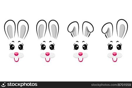 Vector design of collection of cartoon rabbit masks with gray and pink ears on white isolated background. Set of happy bunny masks