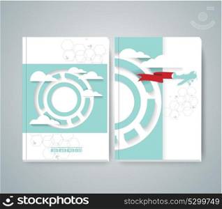 Vector design of Magazine Cover with airplane flying through clouds in the blue sky. Flat design style modern vector illustration.