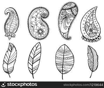 Vector design of vintage Mandala doodle elements. Flowers, paisleys and feather.