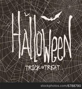 Vector design with hand drawn halloween illustration. Vintage background for halloween on black background. Halloween template. Spider web and bats