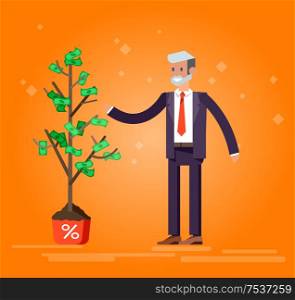 Vector detailed character business investor has the money gains. Earnings have grown as a tree with dollars. Web concept. character busimen. Business