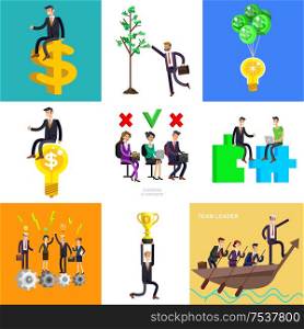 Vector detailed character business investor has the money gains. Earnings have grown as a tree with dollars. Web concept. character busimen. Business character busimen. Business infographic