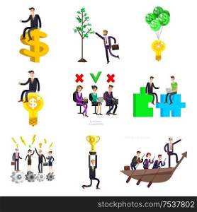 Vector detailed character business investor has the money gains. Earnings have grown as a tree with dollars. Web concept. character busimen. Business character busimen. Business infographic
