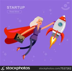 Vector detailed character business woman startup. Flat style website banner startup concept web infographics. Rocket fly with businesmen hero. character busimen. Business