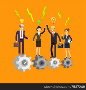 Vector detailed character businessman and businesswoman pieces of company mechanism. Business concept, team turn up cog wheel gear infographic. Vector detailed character businessman and businesswoman pieces of company mechanism