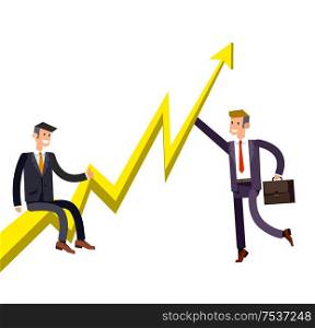 Vector detailed character businessman climbed the growing schedule. Business concept career growth job change. Web vector illustration. Vector detailed character businessman climbed the growing schedule