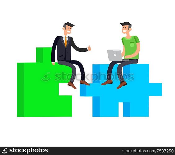 Vector detailed character businessman connecting puzzle pieces. Business concept partnership and solution. Vector detailed character businessman connecting puzzle pieces