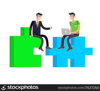 Vector detailed character businessman connecting puzzle pieces. Business concept partnership and solution. Vector detailed character businessman connecting puzzle pieces