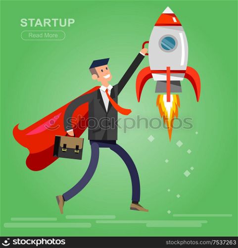 Vector detailed character businessman with startup. Flat style website banner startup concept web infographics. Rocket fly with business hero. character busimen. Business