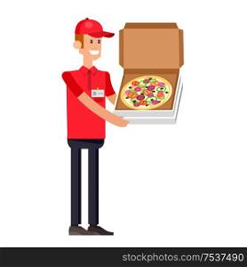 Vector detailed character, cool flat illustration cartoon pizza delivery guy. Vector pizza delivery. Pizza delivery detailed illustration. Pizza delivery fast to the door and by delivery courier. cartoon pizza delivery guy