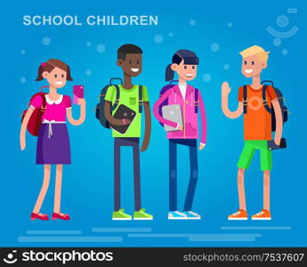 Vector detailed character flat design children students boy and girl. Kids smiling holding Gadgets and backpacks. Primary or elementary school . Vector detailed character
