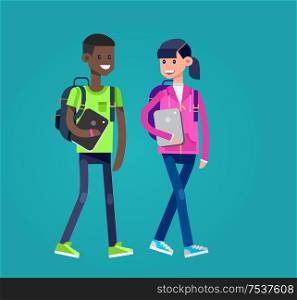 Vector detailed character flat design children students boy and girl. Kids run, smiling, holding Gadgets and backpacks. Primary or elementary school . Vector detailed character