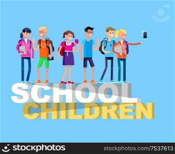 Vector detailed character flat design children students boy and girl. Schoolchildren, Kids smiling holding Gadgets and backpacks. Primary or elementary school children. Vector detailed character flat design children students