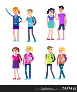 Vector detailed character flat design children students boy and girl. Kids smiling holding Gadgets and backpacks. Primary or elementary school. Vector detailed character flat design children students