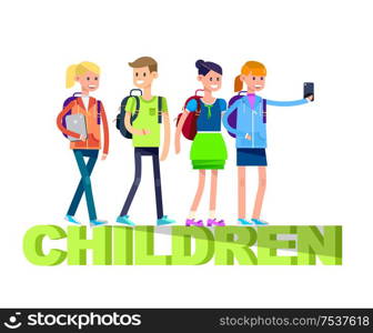 Vector detailed character flat design children students boy and girl. Schoolchildren, Kids smiling holding Gadgets and backpacks. Primary or elementary school children . Vector detailed character flat design children students