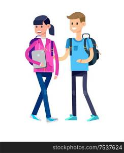 Vector detailed character flat design children students boy and girl. Kids smiling holding Gadgets and backpacks. Primary or elementary school. Vector detailed character flat design children students
