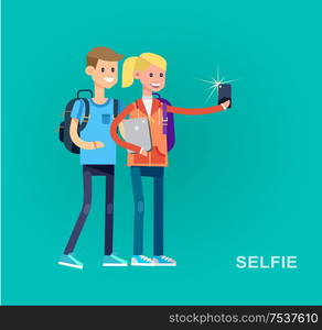 Vector detailed character flat design children students boy and girl make selfie. Kids smiling holding Gadgets and backpacks. Primary or elementary school . Vector detailed character