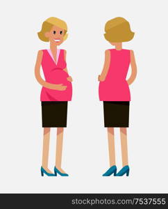 Vector detailed character happy pregnant woman In the front and in the back. Cool flat illustration isolated on white background.. Pregnant woman cartoon