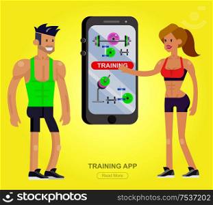 Vector detailed character men and women bodybuilder with big smartphone. Traning app with fitness equipment, cool flat illustration. Web banner template. Gym design concept
