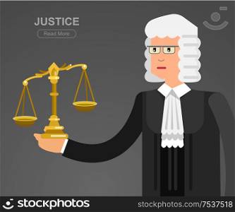 Vector detailed character the judge. Vector detailed character the judge, cool flat judge illustration. Vector judge. Illustration judge. Law horizontal banner set with judical system elements isolated vector illustration