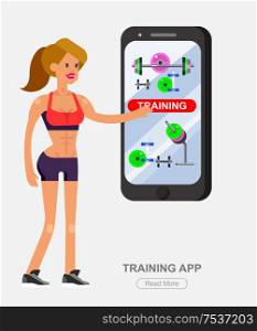Vector detailed character women bodybuilder with big smartphone. Traning app with fitness equipment, cool flat illustration. Web banner template. Gym design concept