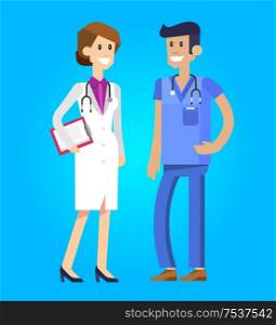 Vector detailed doctor character man, doctor woman and nurse. Medical doctor team. Vector illustration doctor. Funny character doctor.. doctor character man and woman set