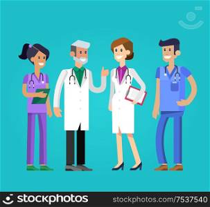 Vector detailed doctor character man, woman and nurse. Medical team. doctor character man and woman set