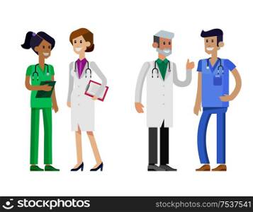 Vector detailed doctor character man, woman and nurse. Medical team isolated on white background.. doctor character man and woman set