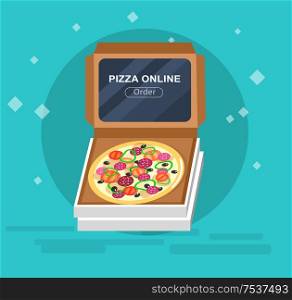 Vector detailed Online pizza order vector illustration. Vector pizza delivery. Pizza delivery detailed illustration. Pizza delivery fast to the door. Online pizza order vector illustration