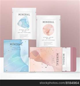 Vector Detox, Stress Relief or Collagen Powder Drink Powder Packet with Carton Box Packaging. Watercolor Abstract Pattern.