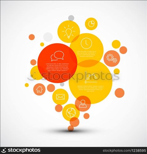 Vector diagram with various descriptive circles - infographic template made from red and yellow circles of various sizes and thin line icons. Vector diagram with various descriptive circles