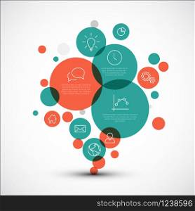 Vector diagram with various descriptive circles - infographic template made from red and teal circles of various sizes and thin line icons