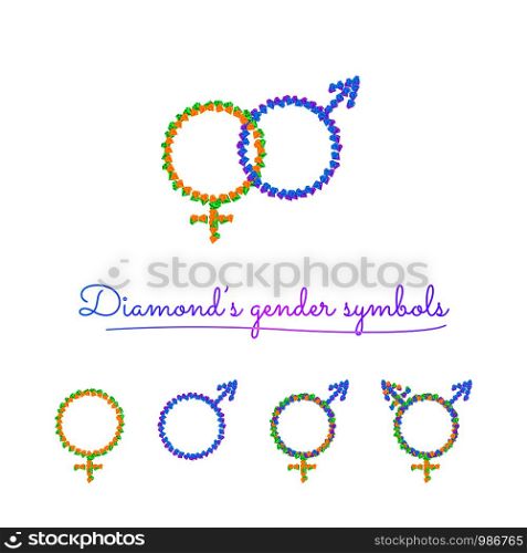 Vector diamond icons of gender symbols. Male, female, intersex and transgender symbols.