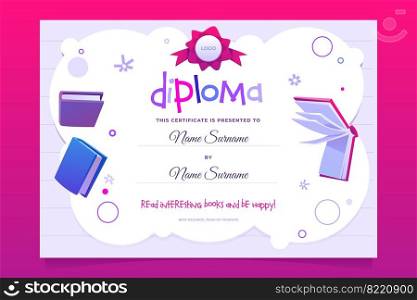 Vector diploma for kids in kindrgarten, preschool or elementary school. Certificate template for award, appreciation or celebration graduation with cartoon books and pink ribbon. Vector diploma for kids with cartoon books