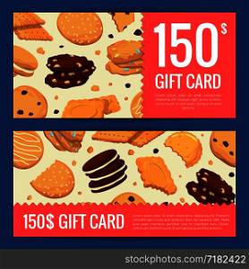 Vector discount or gift card voucher of set templates with cartoon cookies illustration. Vector discount or gift card voucher templates with cartoon cookies