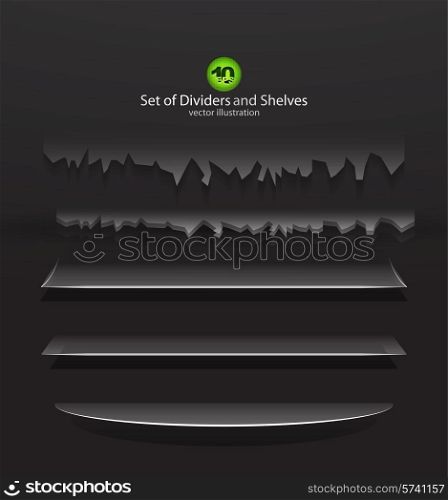 Vector dividers and shelves on dark background. Glossy white design