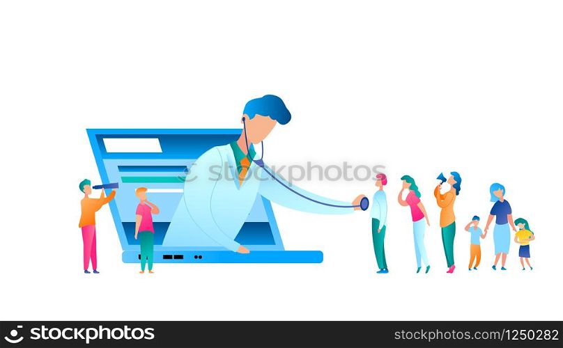 Vector Doctor Examining Patient Using Stethoscope. Flat Illustration Online Medical Consultation. Man in Uniform Medical Worker. Use Laptop for Communication with Pediatrician. Group People in Line