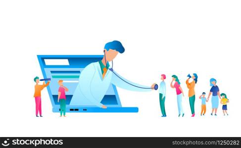 Vector Doctor Examining Patient Using Stethoscope. Flat Illustration Online Medical Consultation. Man in Uniform Medical Worker. Use Laptop for Communication with Pediatrician. Group People in Line