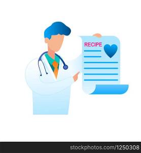 Vector Doctor Holding Prescribed Treatment Recipe. Illustration Male Pediatrician in Medical Uniform. Recipe Treating Patient Disease. Health Care System. Modern Medicine. Isolated on White Background