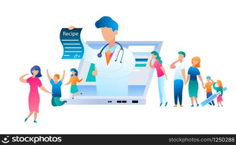 Vector Doctor Online has Written Treatment Recipe. Illustration Group People Turned Help to Pediatrician. Family with Sick Child. Use Laptop for Communication Doctor. Mom with Son and Daughter Jumping