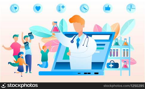 Vector Doctor Online Reports Good Result Analysis. Flat Illustration Happy Family Jumping for Joy After Learning Result Study Analysis. Medical Laboratory Studying Biological Disease. Laptop Screen